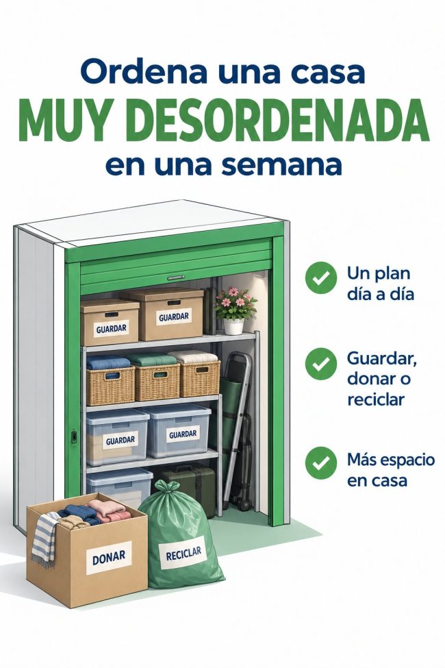 Ilustración: trastero con cajas para guardar y, fuera, cajas para donar y reciclar — plan para ordenar la casa en una semana