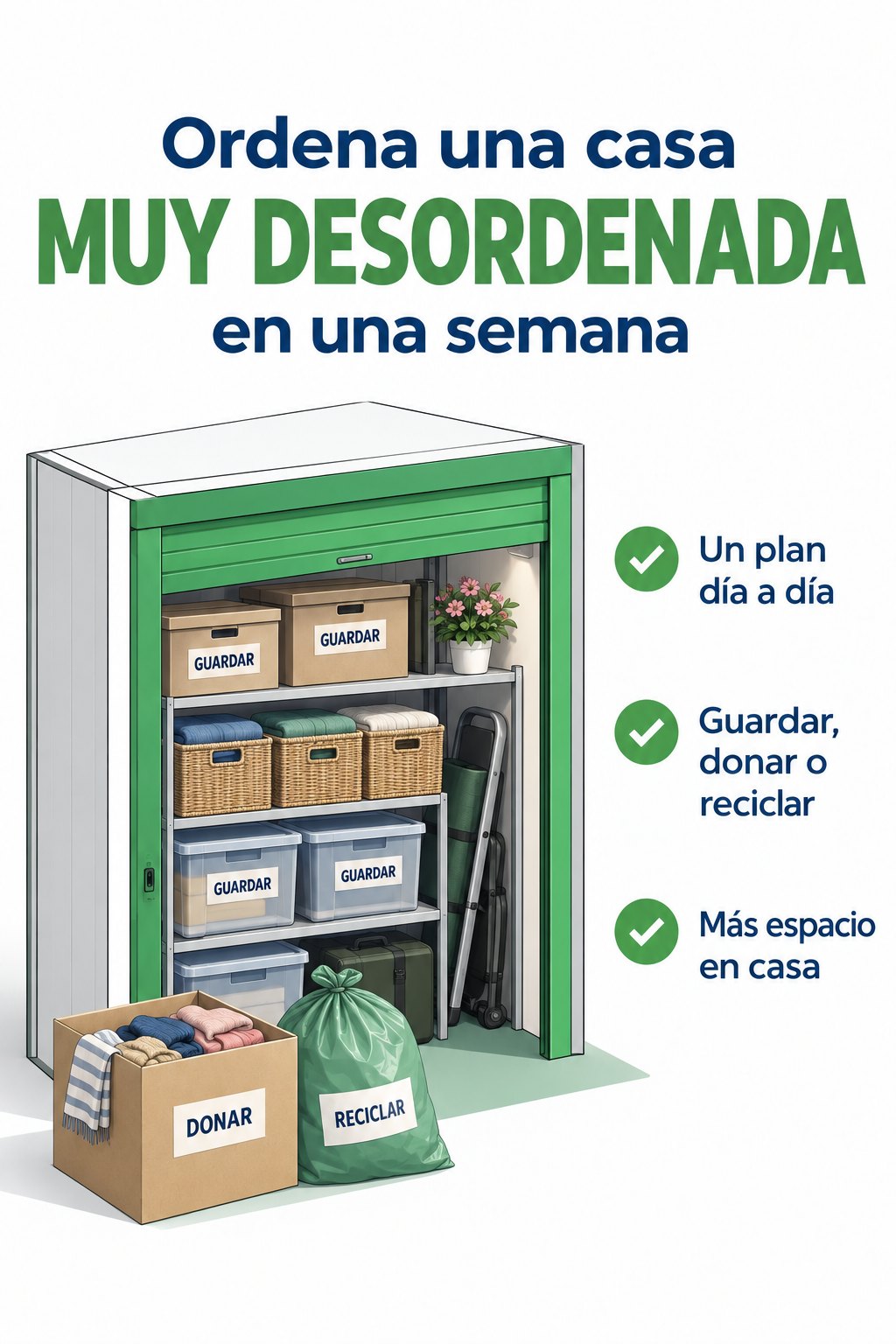 vigbox-ordenar-una-casa-muy-desordenada-en-una-semana Ilustración: trastero con cajas para guardar y, fuera, cajas para donar y reciclar — plan para ordenar la casa en una semana