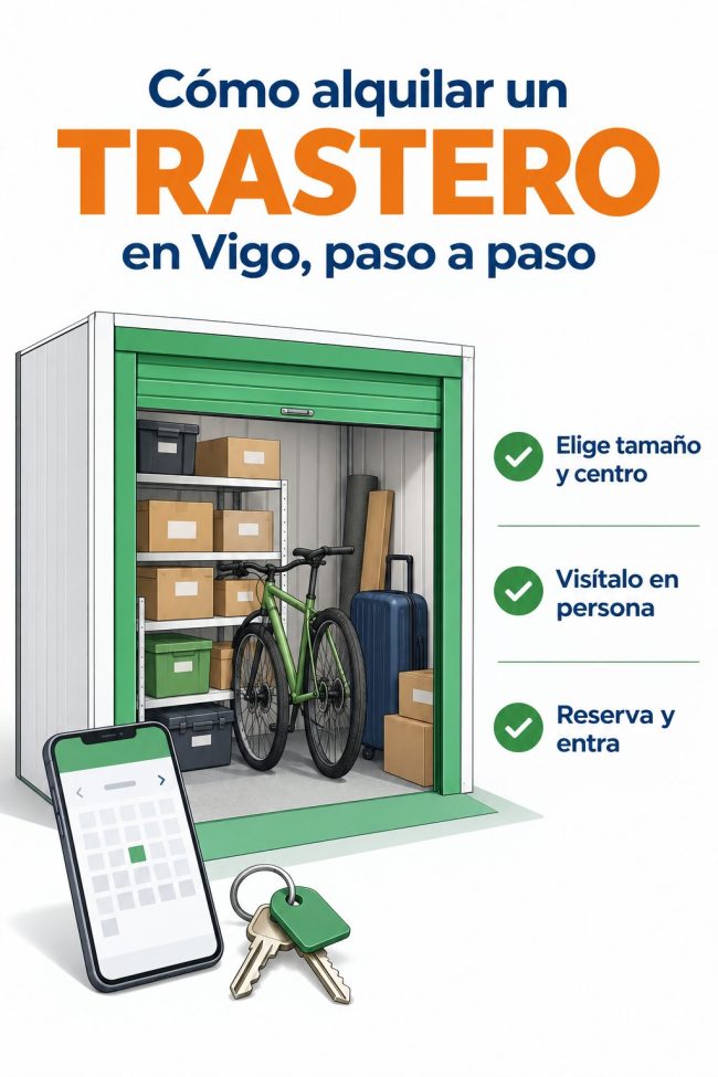 Ilustración: trastero abierto con cajas, un móvil con calendario y unas llaves — cómo alquilar un trastero en Vigo