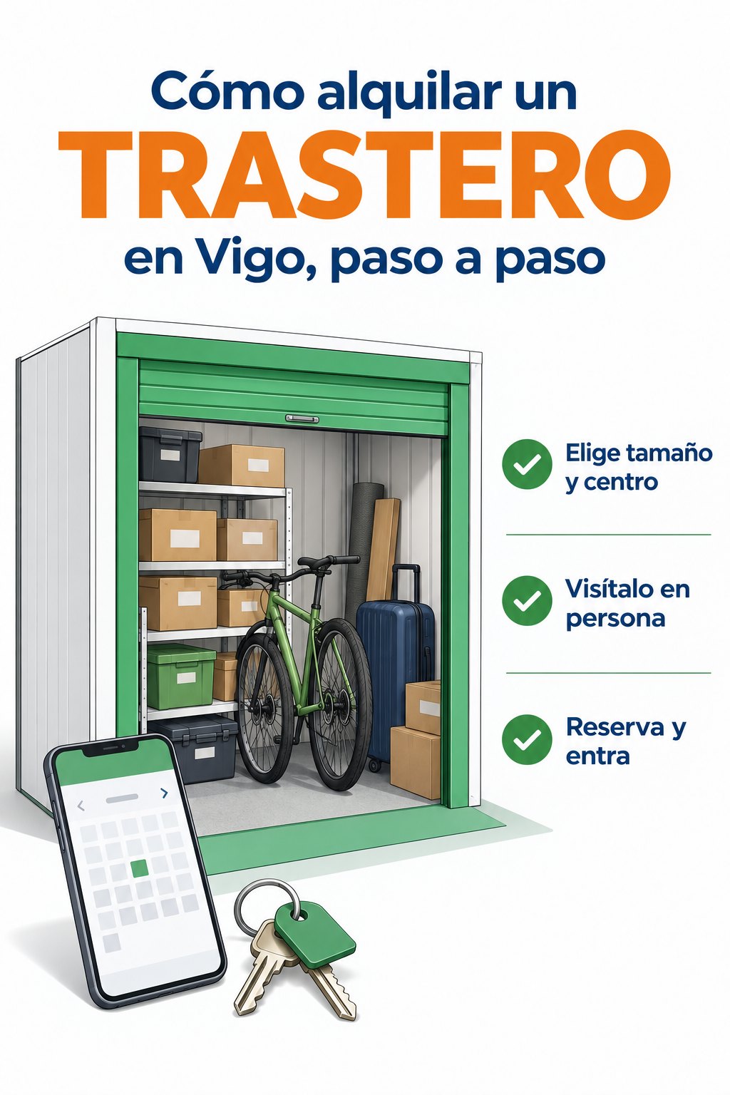vigbox-como-alquilar-un-trastero-en-vigo Ilustración: trastero abierto con cajas, un móvil con calendario y unas llaves — cómo alquilar un trastero en Vigo