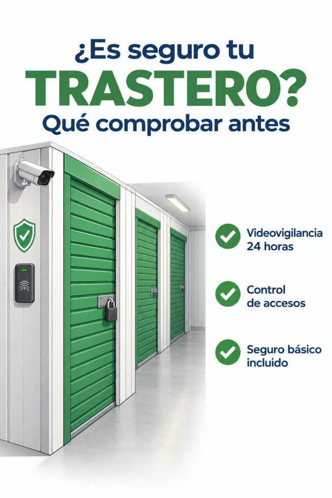 Ilustración: pasillo de trasteros con candado, cámara de videovigilancia y control de acceso — qué comprobar para que tu trastero sea seguro