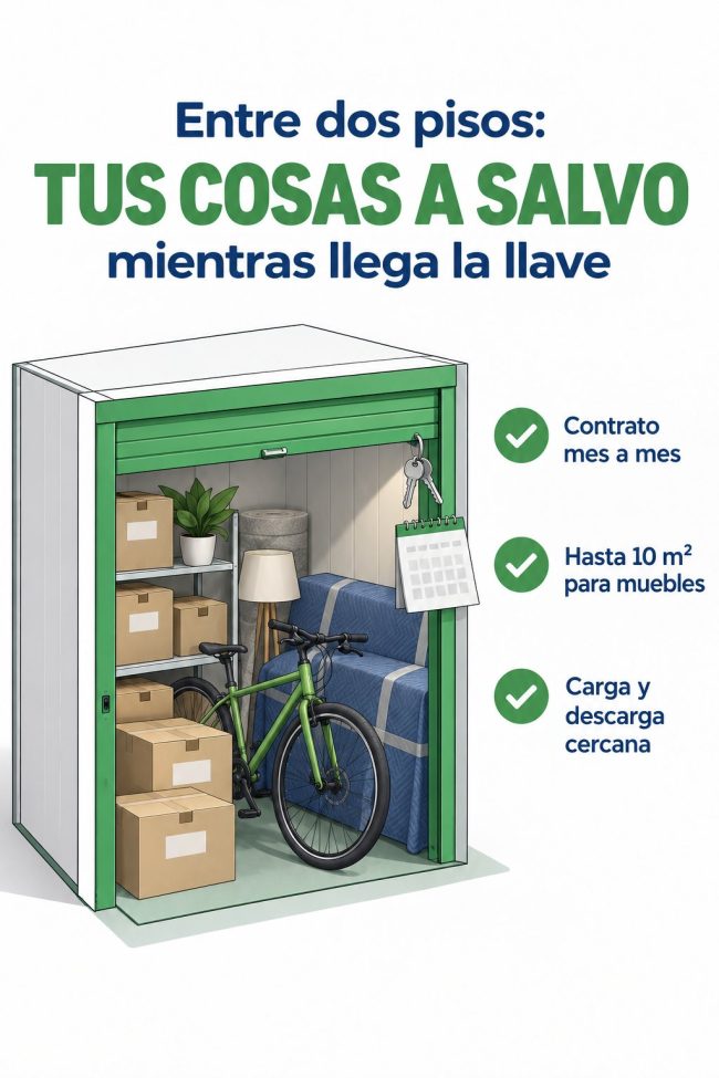 Ilustración: trastero con cajas de mudanza, un sofá envuelto y unas llaves — guardar tus cosas entre dos pisos
