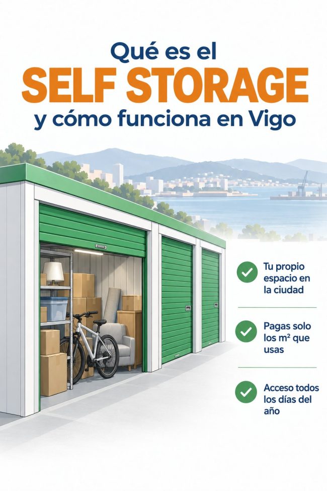 Ilustración: fila de trasteros urbanos con puertas verdes y uno abierto — qué es el self storage