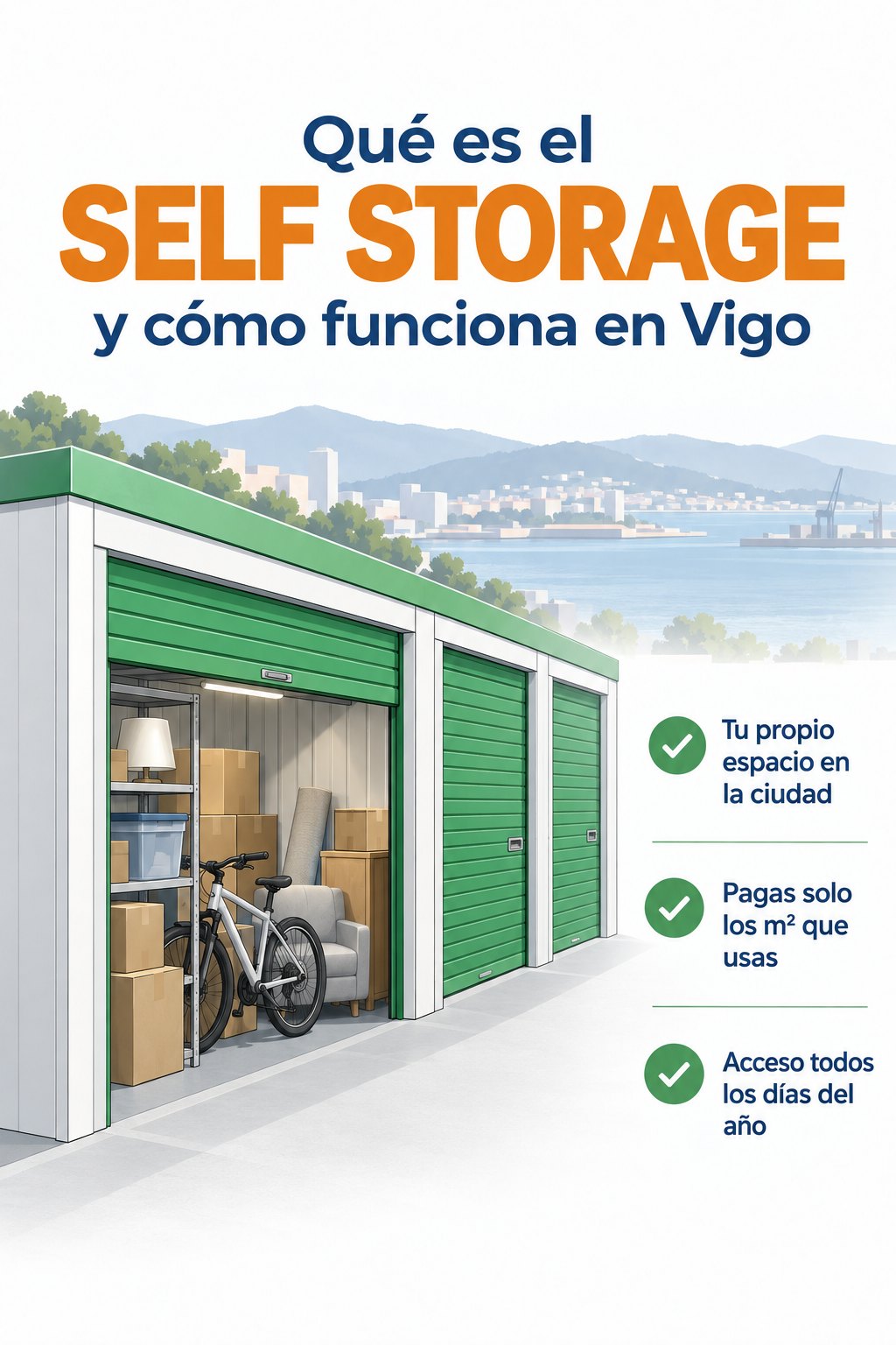vigbox-self-storage-vigo-que-es-y-como-funciona Ilustración: fila de trasteros urbanos con puertas verdes y uno abierto — qué es el self storage