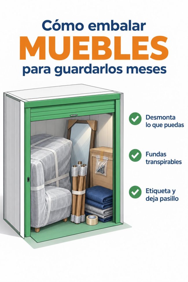 Ilustración: trastero con un sofá enfundado, un espejo protegido y patas de mesa desmontadas — cómo embalar muebles para guardarlos