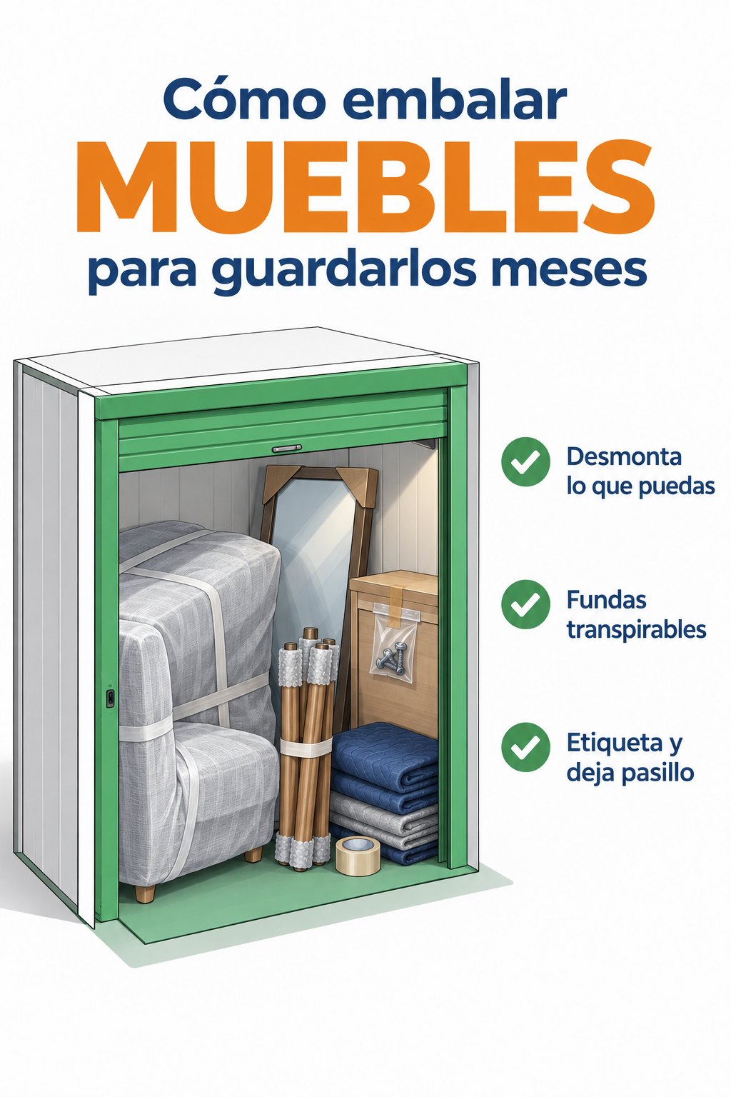 vigbox-como-embalar-muebles-para-guardarlos Ilustración: trastero con un sofá enfundado, un espejo protegido y patas de mesa desmontadas — cómo embalar muebles para guardarlos