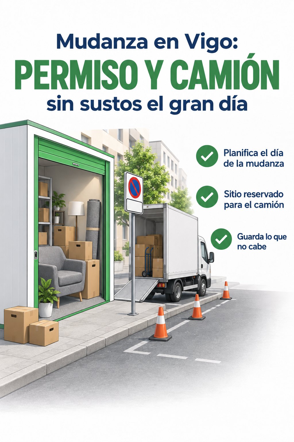 vigbox-permiso-de-mudanza-en-vigo Ilustración: camión de mudanzas aparcado con conos y un trastero con cajas — permiso de mudanza en Vigo