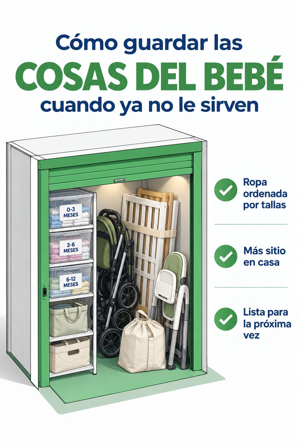 vigbox-como-guardar-la-ropa-y-las-cosas-del-bebe Ilustración: trastero con cochecito plegado, cuna desmontada y cajas de ropa de bebé por tallas