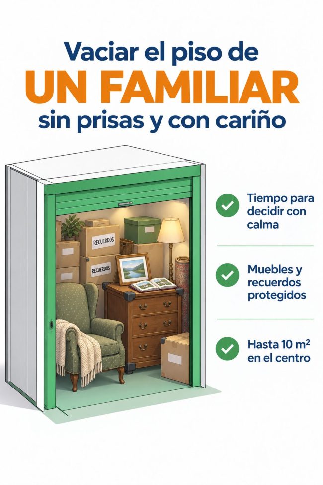 Ilustración: trastero con una butaca clásica, una cómoda antigua y cajas de recuerdos — vaciar el piso de un familiar