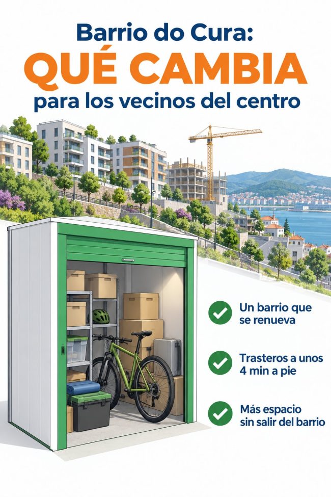 Ilustración: barrio en obras junto a la ría con grúa y un trastero cercano — qué cambia en el Barrio do Cura