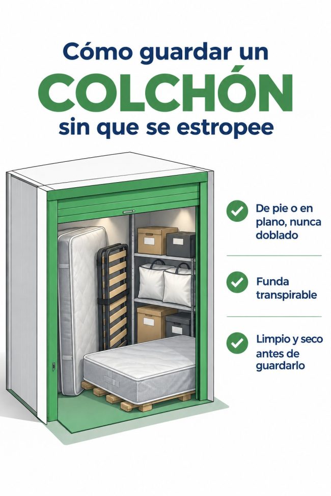 Ilustración: trastero con un colchón de pie en funda y otro en plano sobre listones — cómo guardar un colchón