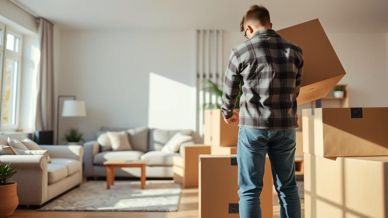 Una persona está desempacando cajas en una sala de estar iluminada. Una persona está desempacando cajas en una sala de estar iluminada.
