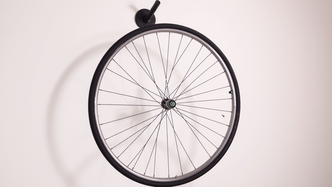 Una bicicleta colgada verticalmente en un gancho de pared con la rueda delantera hacia arriba