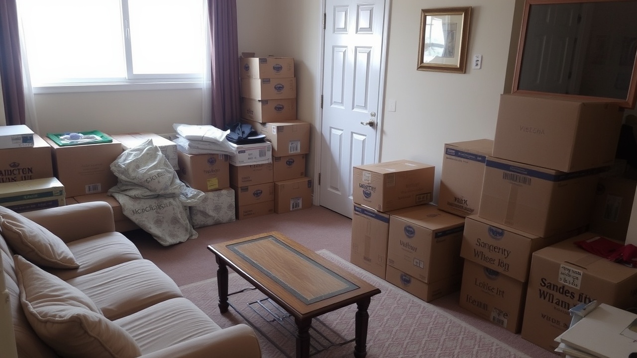 Una sala pequeña con un sofá y muchas cajas embaladas junto a la puerta