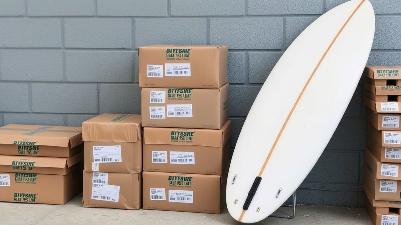 Una tabla de surf apoyada en vertical junto a una pila de cajas cerradas