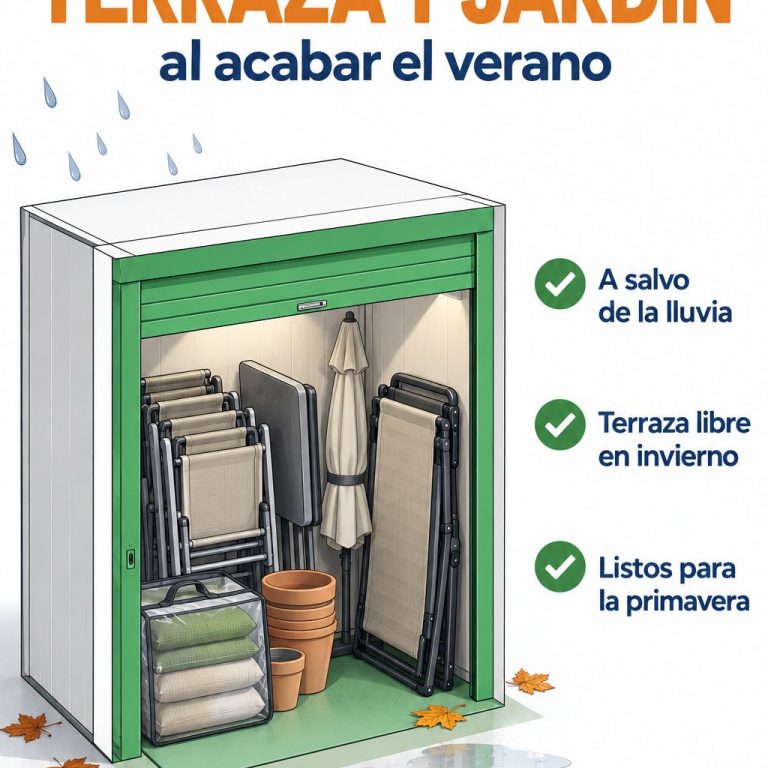 Ilustración: trastero con sillas de exterior plegadas, sombrilla y cojines guardados al acabar el verano