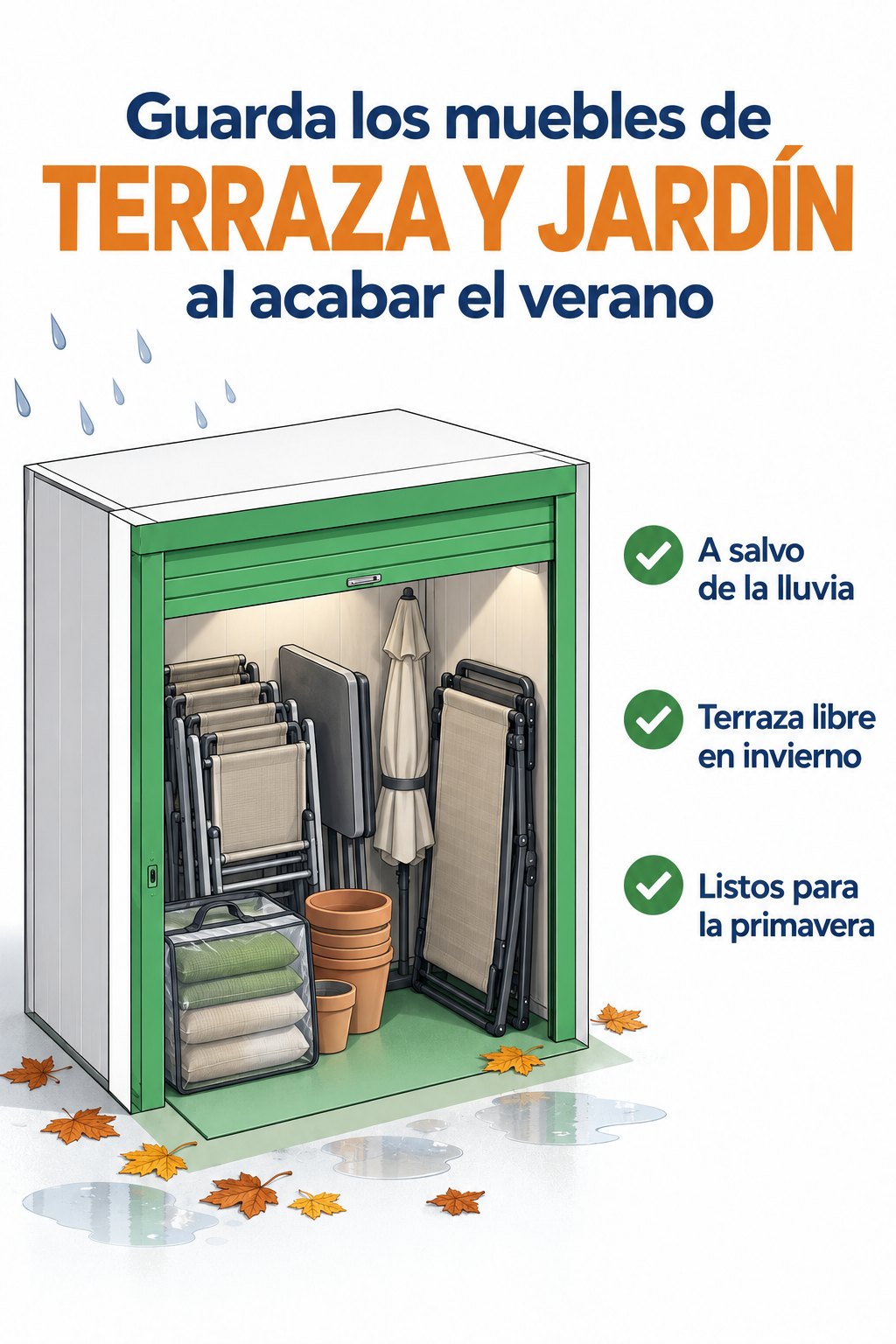 Ilustración: trastero con sillas de exterior plegadas, sombrilla y cojines guardados al acabar el verano