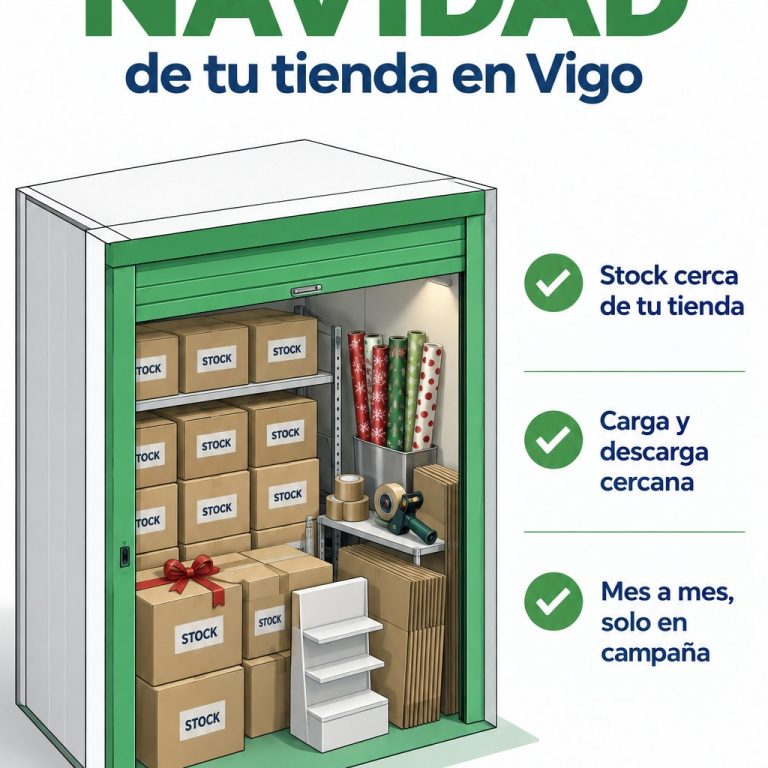 Ilustración: trastero con cajas de stock, papel de regalo y embalajes para preparar la campaña de Navidad de una tienda