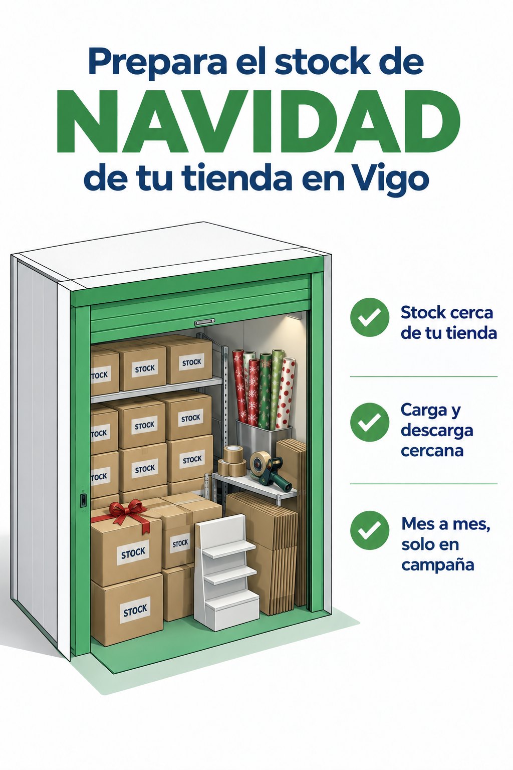vigbox-stock-de-navidad-para-tu-tienda-en-vigo Ilustración: trastero con cajas de stock, papel de regalo y embalajes para preparar la campaña de Navidad de una tienda