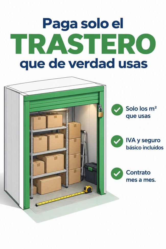 Ilustración: trastero con cajas apiladas en altura, una cinta métrica y un candado — cómo pagar menos por un trastero en Vigo