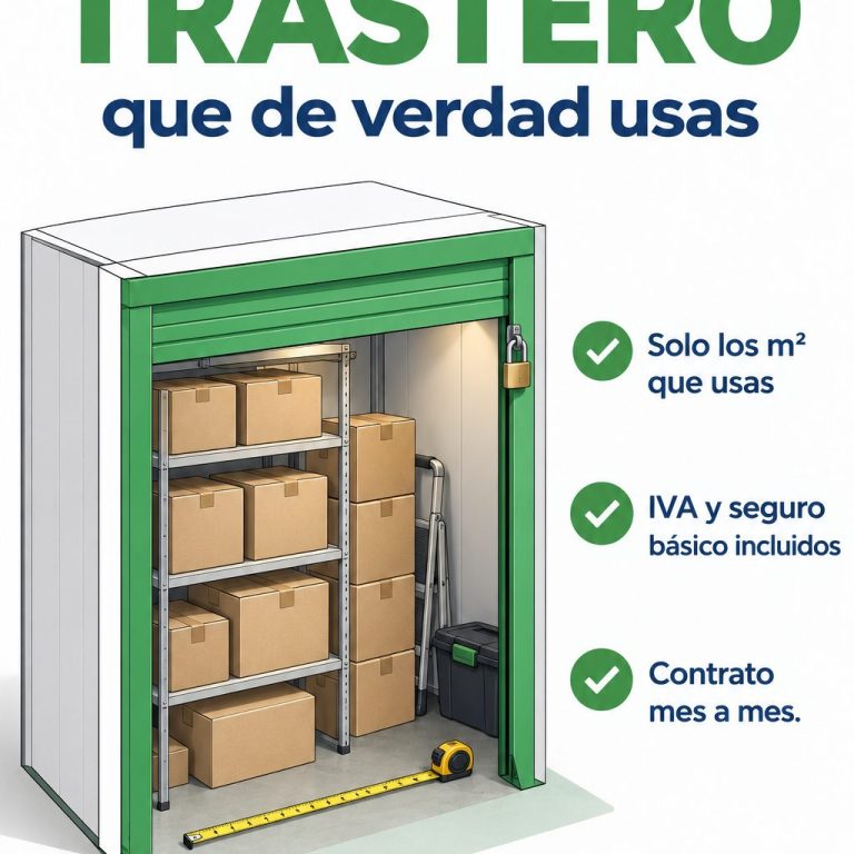 Ilustración: trastero con cajas apiladas en altura, una cinta métrica y un candado — cómo pagar menos por un trastero en Vigo