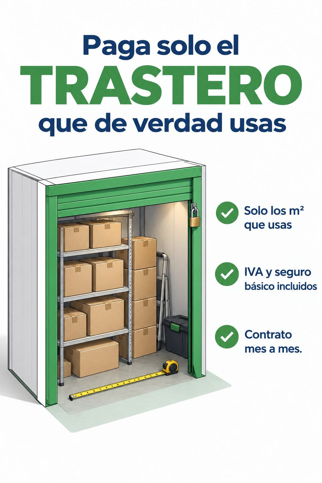 Ilustración: trastero con cajas apiladas en altura, una cinta métrica y un candado — cómo pagar menos por un trastero en Vigo