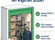 Ilustración: trastero abierto con cajas, una bicicleta y una etiqueta de precio — cuánto cuesta un trastero en Vigo