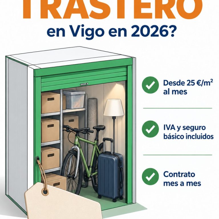 Ilustración: trastero abierto con cajas, una bicicleta y una etiqueta de precio — cuánto cuesta un trastero en Vigo