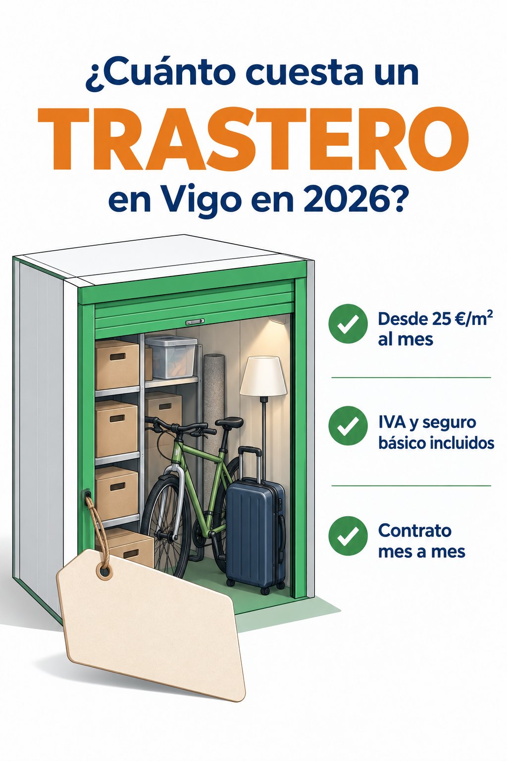 vigbox-cuanto-cuesta-un-trastero-en-vigo Ilustración: trastero abierto con cajas, una bicicleta y una etiqueta de precio — cuánto cuesta un trastero en Vigo