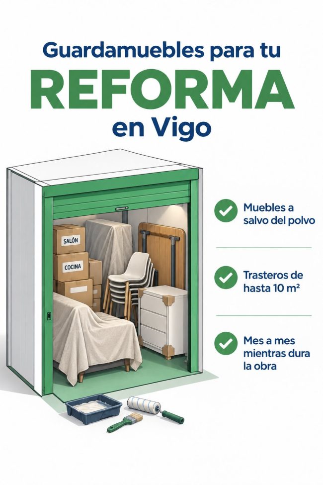 Ilustración: trastero con un sofá tapado, sillas y cajas mientras dura una reforma — guardamuebles en Vigo