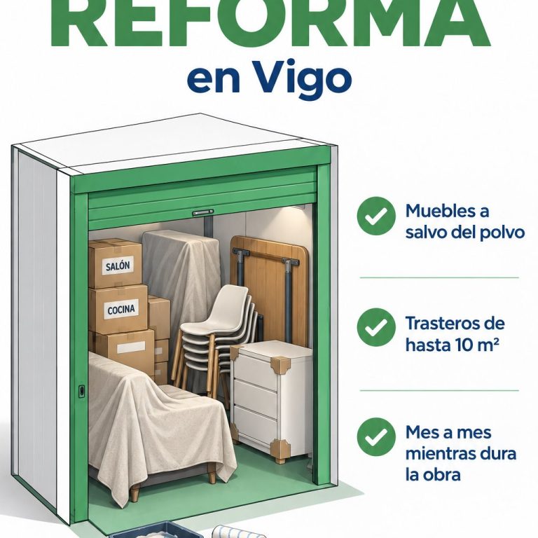 Ilustración: trastero con un sofá tapado, sillas y cajas mientras dura una reforma — guardamuebles en Vigo